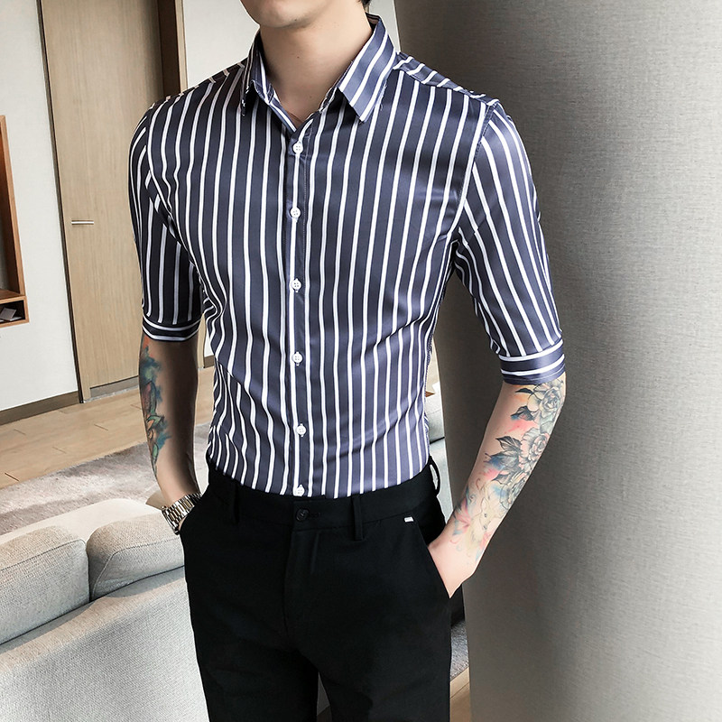 2021春夏男衬衫中袖条纹衬衣青年商务衬衫潮流花衬衫时尚H711,男装衬衫,星座419（原A233）