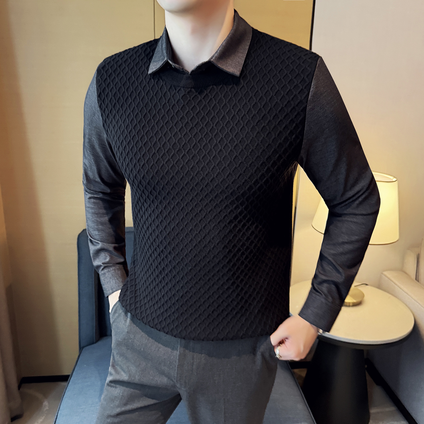 秋冬男士毛衣假两件针织毛衣打底衫牛仔衬衫领翻领毛衣S1188-P119，男装T恤，星座419（原A233）