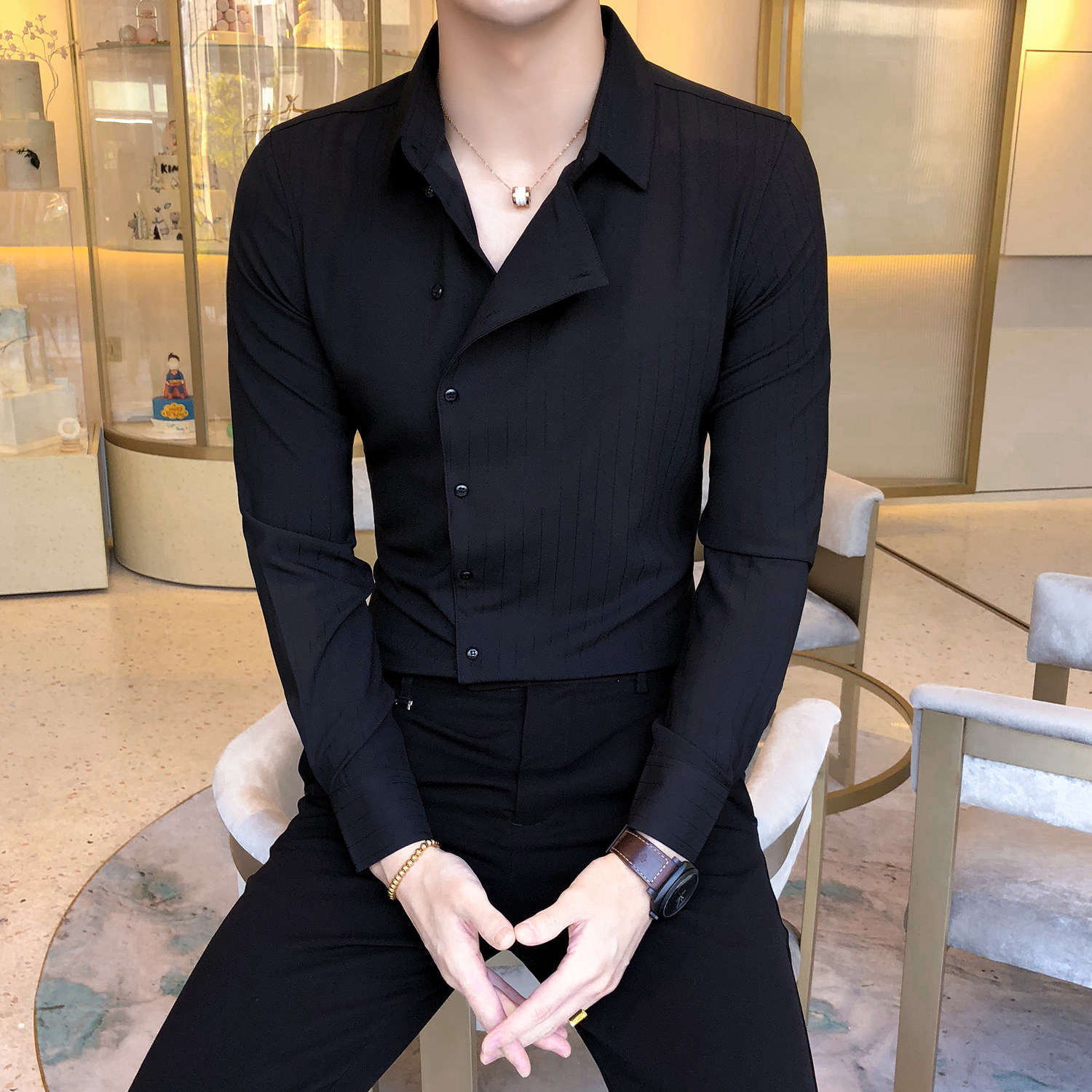 四季男青年英伦风长袖衬衫纯色男士偏门襟个性衬衫A068-BF04特,男装衬衫,星座419（原A233）