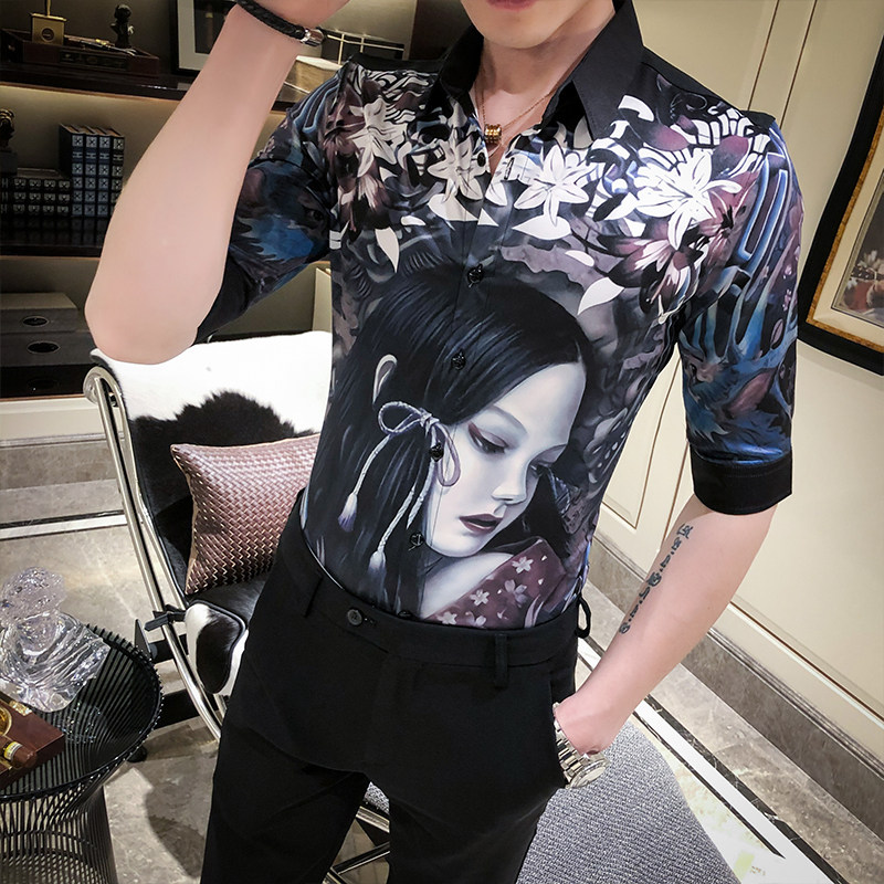 2021春夏男衬衫中袖个性衬衣青年商务衬衫潮流花衬衫时尚D565-P55,男装衬衫,星座419（原A233）