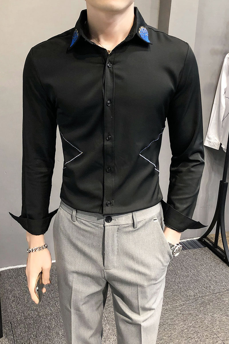 2021春装男衬衫长袖绣花衬衣个性刺绣男青年潮流花衬衫H207特,男装衬衫,星座419（原A233）