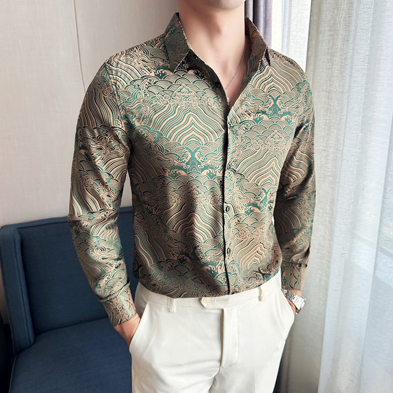 男士长袖衬衫 英伦时尚花衬衫 复古中式印花衬衣A233-BF123-P60图片