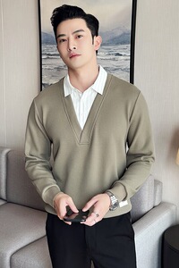 秋冬男士毛衣 假两件针织毛衣 打底衫 衬衫领拼接毛衣A233-S5015图片