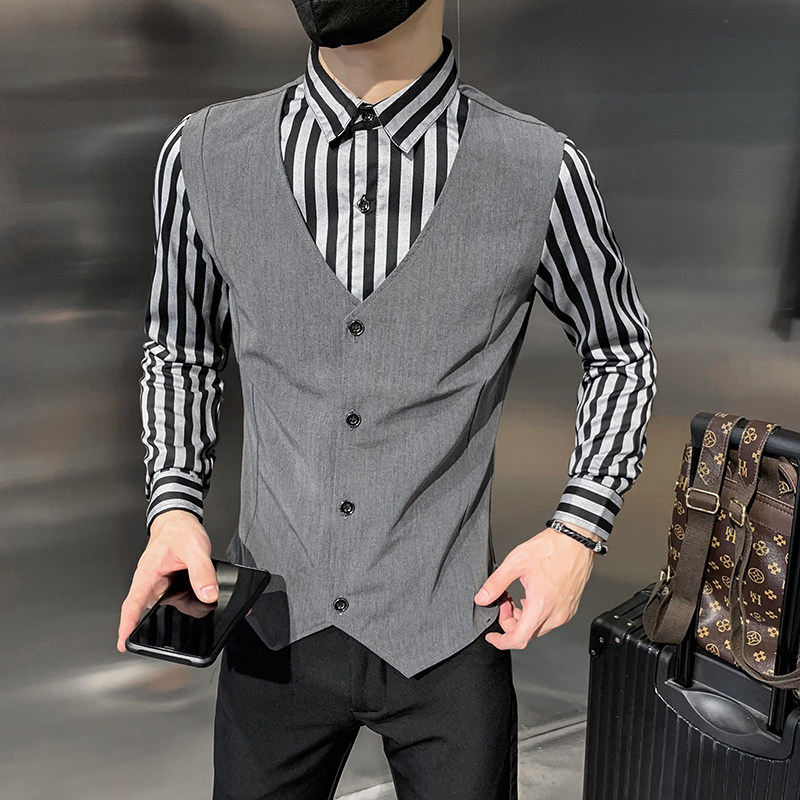 假两件马甲衬衫男长袖衬衫社会风个性衬衣潮工作服H895,男装衬衫,星座419（原A233）