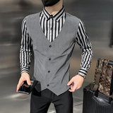 假两件马甲衬衫工作服男长袖衬衫社会风个性衬衣潮H895，男装衬衫，星座419（原A233）