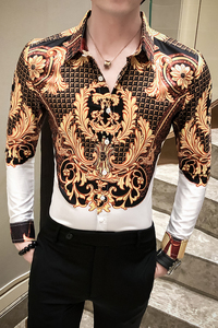 2021春男衬衫英伦男长袖上衣韩版修身印花衬衫工服A068-H800-P55图片