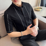 2025春夏男中袖衬衫英伦风个性衬衣修身款条纹潮男衬衣M2105-P60，男装衬衫，星座419（原A233）
