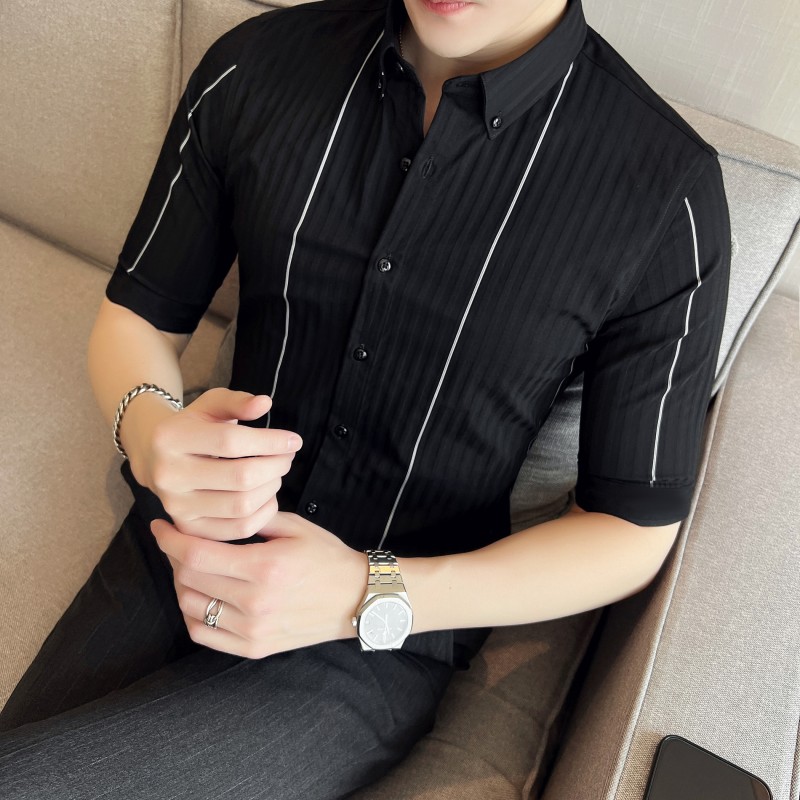 春夏男士衬衫高级感休闲衬衣短袖条纹衬衫5分袖A233-M2105-P60,男装T恤,星座419（原A233）