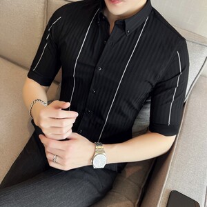 春夏男士衬衫 高级感休闲衬衣  短袖条纹衬衫5分袖A233-M2105-P60图片