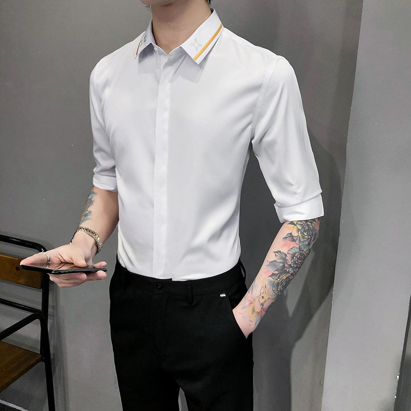 2021春夏男衬衫中袖纯色衬衣青年商务衬衫潮流花衬衫时尚BF96图片