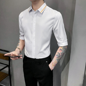 2021春夏男衬衫中袖纯色衬衣青年商务衬衫潮流花衬衫时尚BF96图片