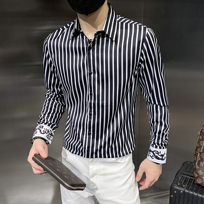 四季款男条纹长袖衬衫社会风个性衬衣修身款印花衬常年款H490-P55，男装衬衫，星座419（原A233）