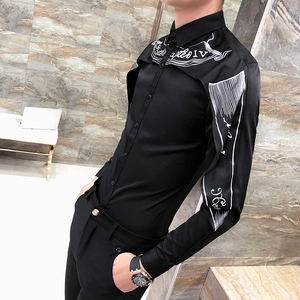 21新款男个性拼接长袖衬衫走秀款时尚潮流拼接夜店衬衣H307图片