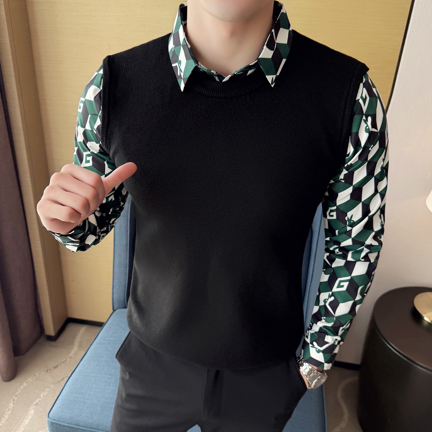 男士秋冬毛衣~衬衫拼接假两件毛衣~潮流撞色针织衫419-S2355-P69,男装衬衫,星座419（原A233）