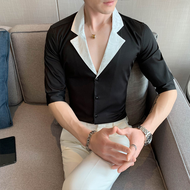 2025春夏男中袖衬衫英伦风个性衬衣修身款拼接潮男款H752-P55控75,男装衬衫,星座419（原A233）