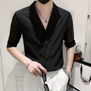 2025春夏款男蕾丝中袖衬衣经典V领西装领工装男5分衬衫D777特P40图片