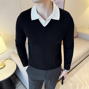 秋冬男士毛衣假两件针织毛衣打底衫撞色衬衫领翻领毛衣S3322-P75图片