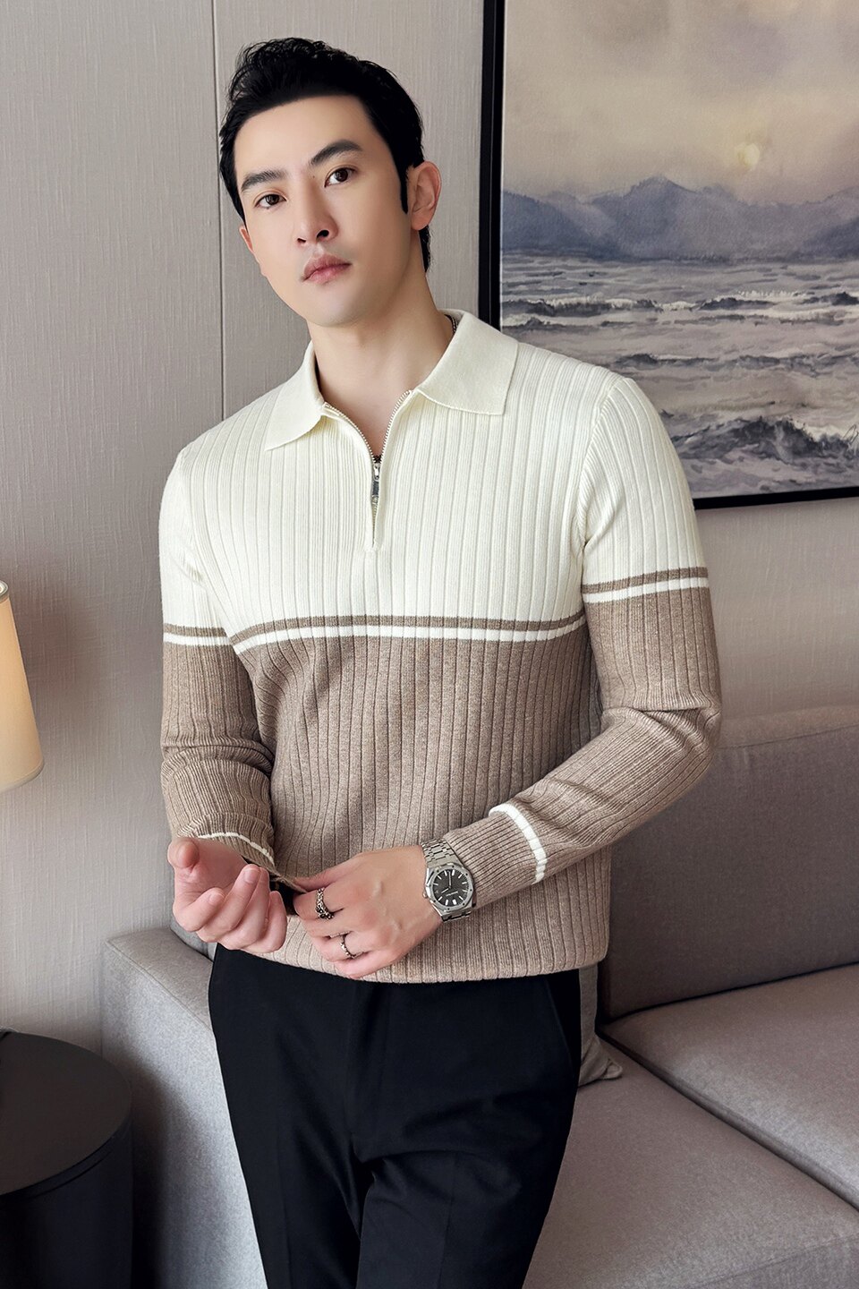 男士秋冬翻领毛衣~潮流POLO领毛衣~撞色拼针织衫419-S93011-P59,男装Polo衫,星座419（原A233）