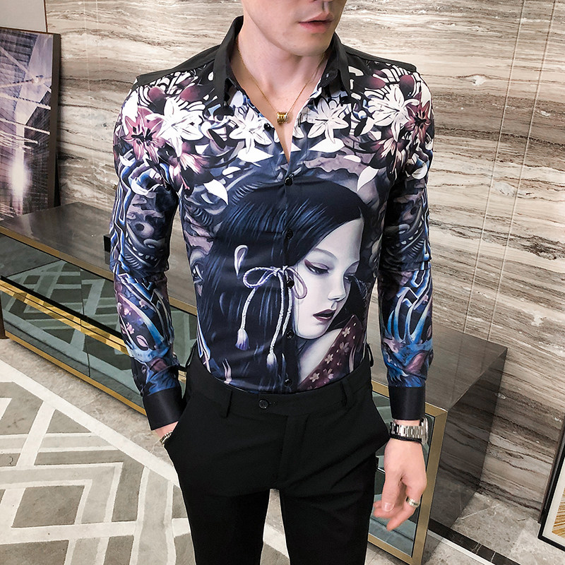 2021秋男衬衫英伦长袖上衣印花男装韩版修身四季印花衬衣H601-P55,男装衬衫,星座419（原A233）