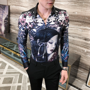 2021秋男衬衫英伦长袖上衣印花男装韩版修身四季印花衬衣H601-P55图片