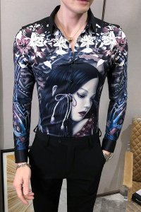 2021秋男衬衫英伦长袖上衣印花男装韩版修身四季印花衬衣H601-P55图片