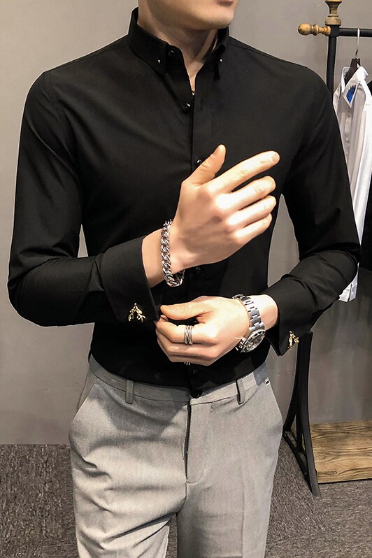 21春装男衬衫长袖纯色衬衣袖扣装饰男青年商务衬衫A068-BF82-P60,男装衬衫,星座419（原A233）