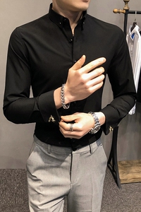21春装男衬衫长袖纯色衬衣袖扣装饰男青年商务衬衫A068-BF82-P60图片
