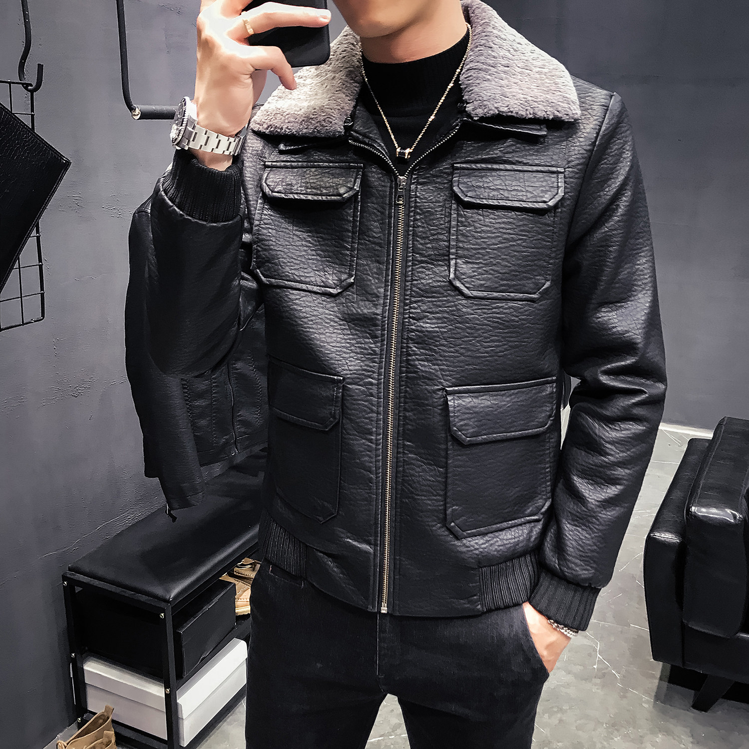 秋冬新款男士加绒PU皮衣店主风仿皮皮衣男皮外套A068-PY522图片
