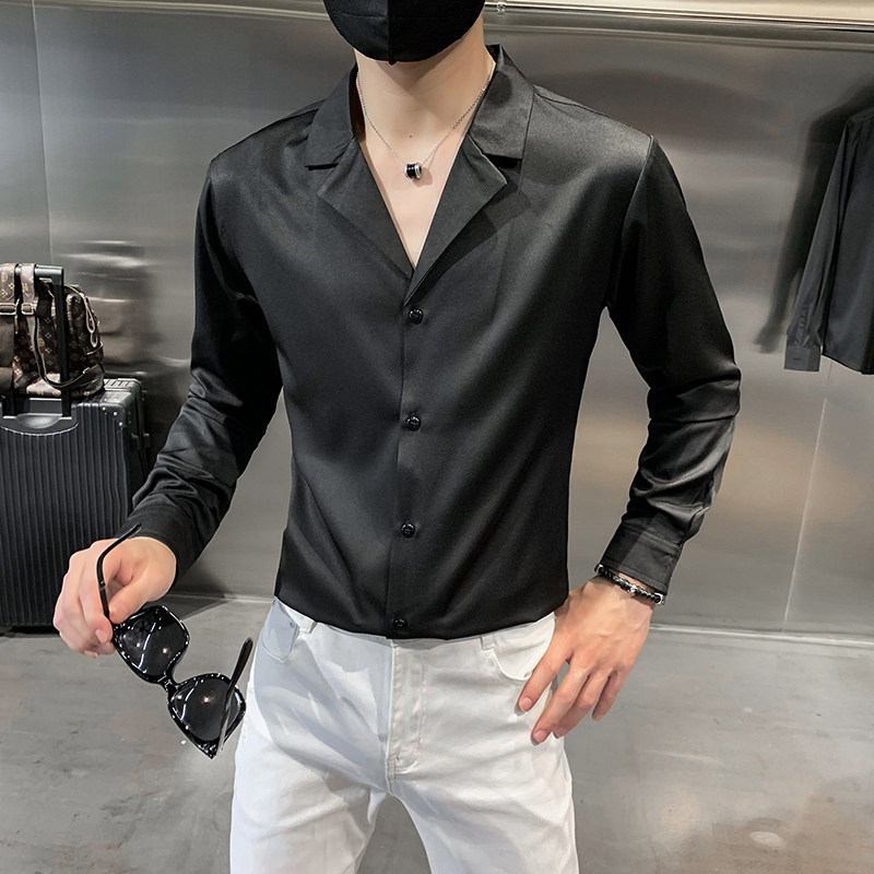 四季款男纯色长袖衬衫社会风西装领衬衣修身款个性V领衬H698特P35,男装西服套装,星座419（原A233）