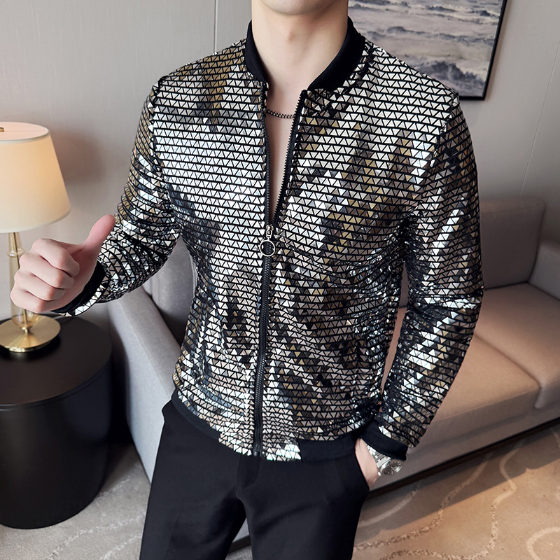 男生个性时尚防晒衣夜店潮男薄夹克外套银色亮片演出服A17-P65，男装夹克，电商A233