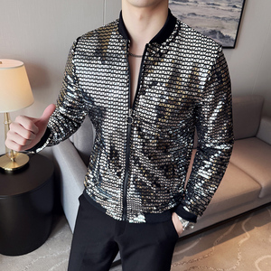 男生个性时尚防晒衣 夜店潮男薄夹克外套银色亮片演出服A17-P65图片