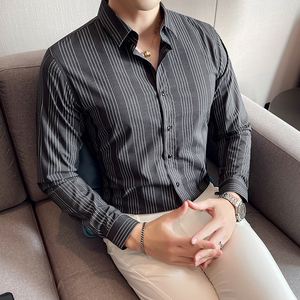 四季款男条纹长袖衬衫轻熟衬衣韩版修身个性上衣秋装衬衫BF25图片