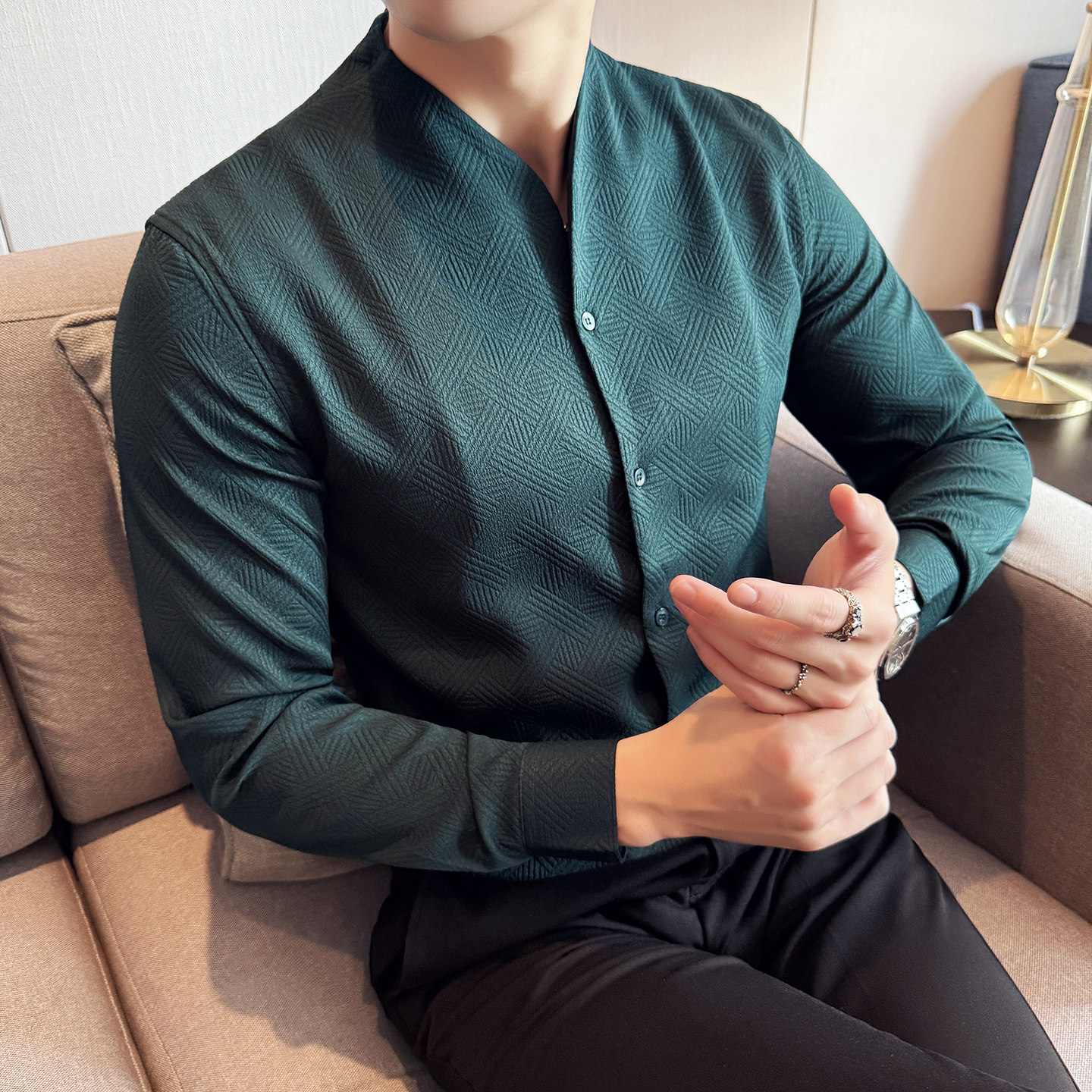 男士四季款长袖衬衫~个性款V领衬衫~新中式衬衣419-DC201-P65,男装衬衫,星座419（原A233）