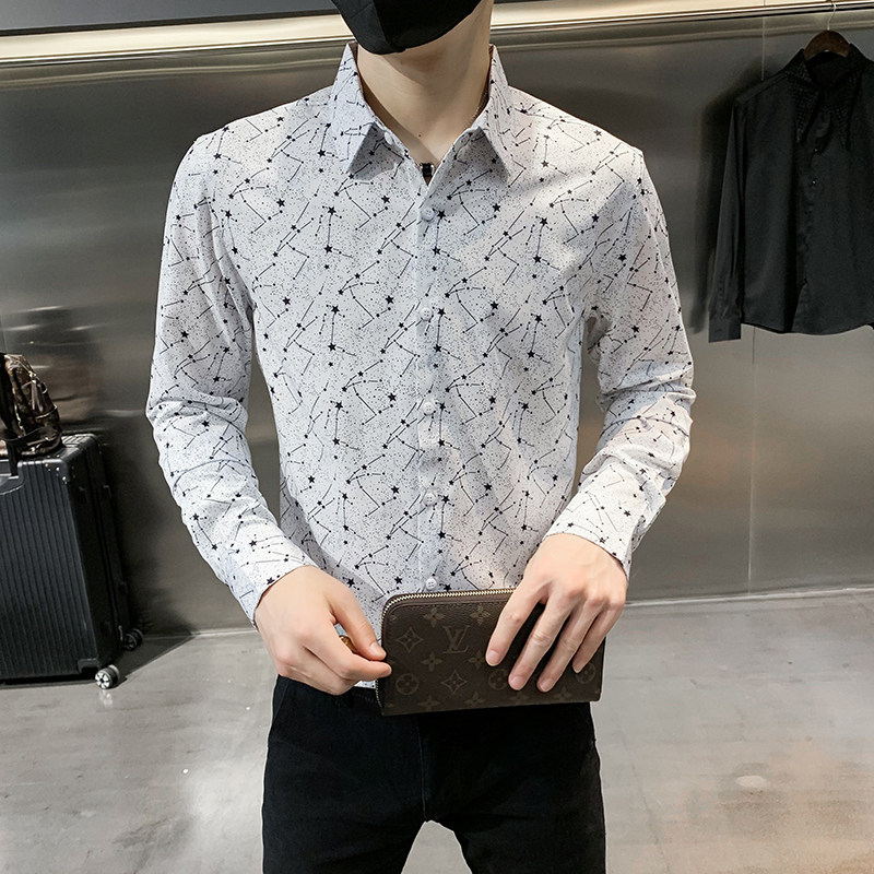 四季款男印花长袖衬衫社会风个性衬衣修身款衬衣H723,男装衬衫,星座419（原A233）