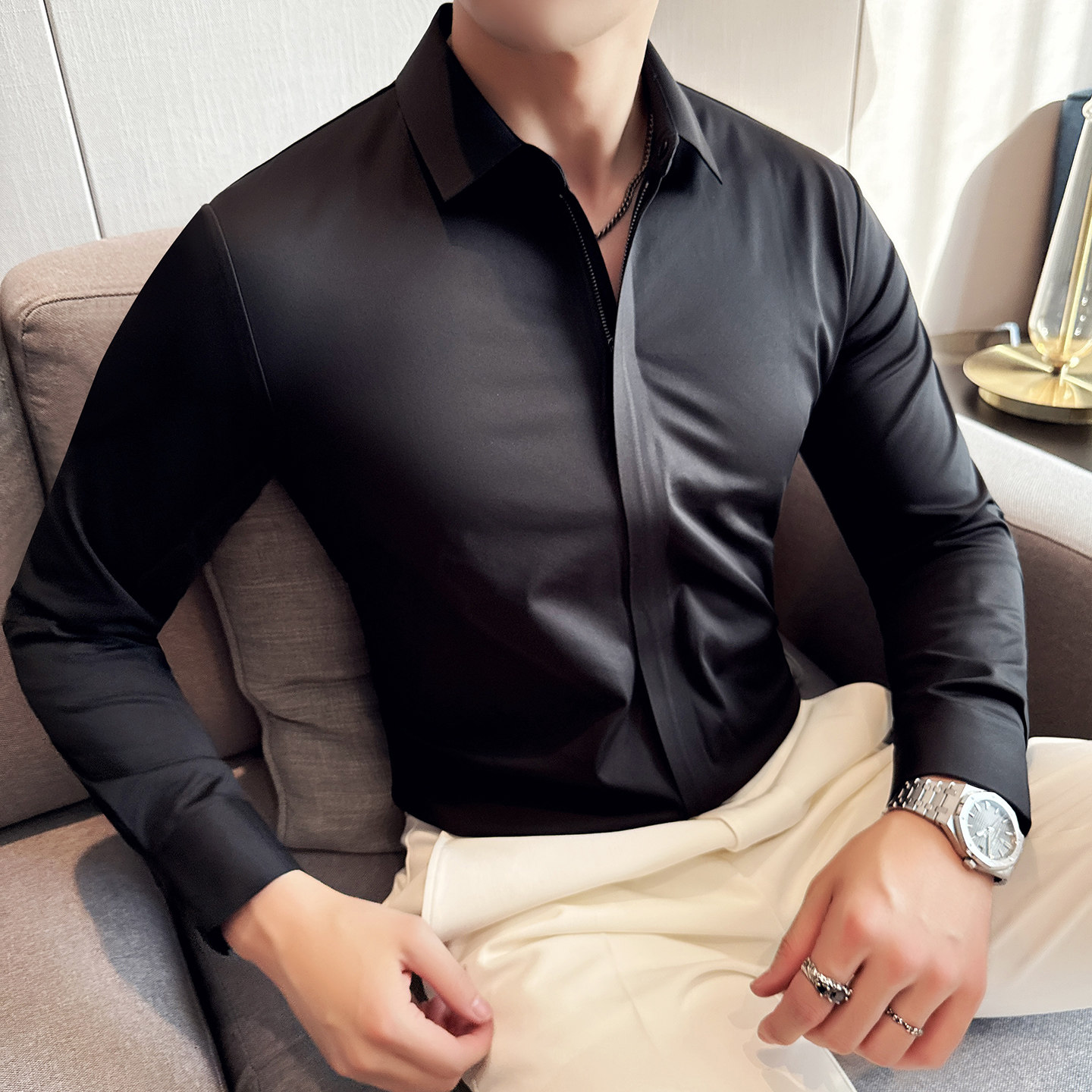 男士四季款长袖衬衫~高级感商务休闲衬衣~纯色无痕衬衫M1255-P85,男装衬衫,星座419（原A233）