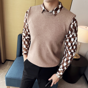 男士秋冬毛衣~衬衫拼接假两件毛衣~潮流撞色针织衫419-S2355-P69图片