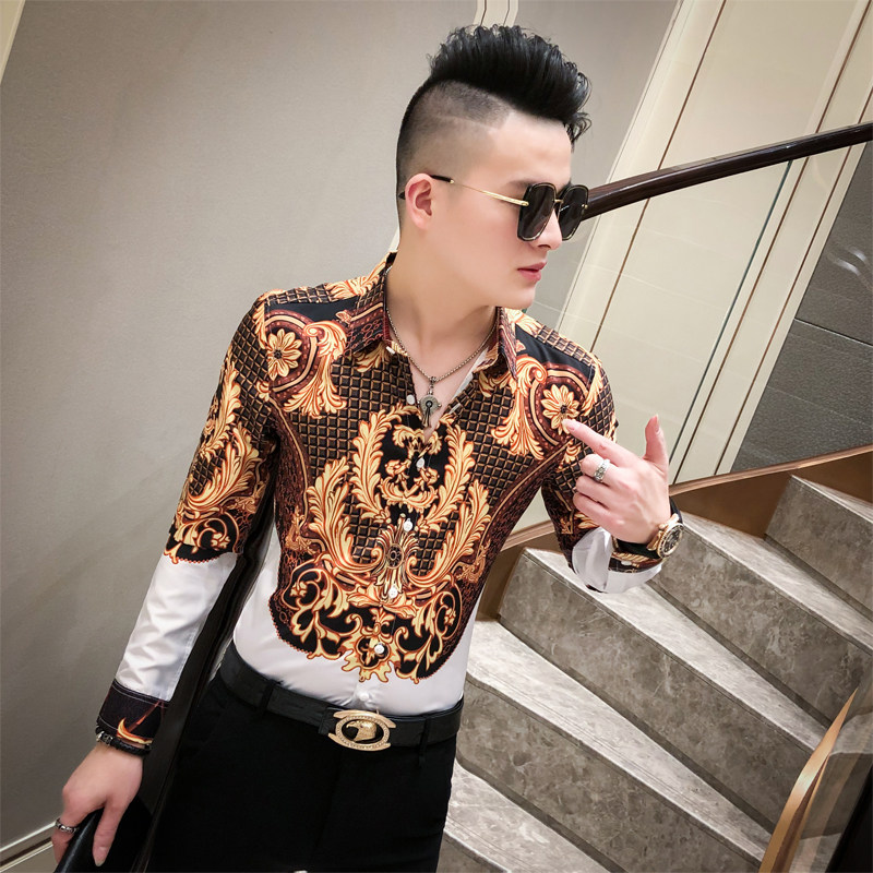 2021春男衬衫长袖上衣韩版社会精神小伙撞色花衬衫A068-H800-P55图片