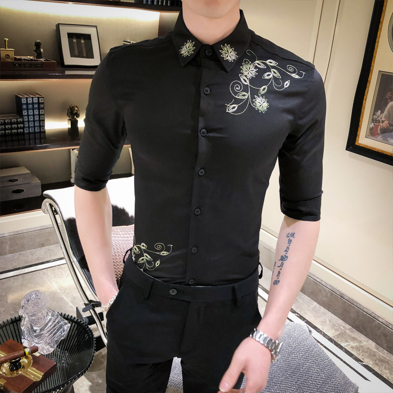 2021春夏男衬衫中袖绣花衬衣青年商务衬衫潮流花衬衫时尚BF51-P55,男装衬衫,星座419（原A233）