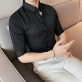 男士夏新款条纹中袖衬衫五分袖衬衣韩版修身个性衬A233-BF97-P55，男装衬衫，星座419（原A233）