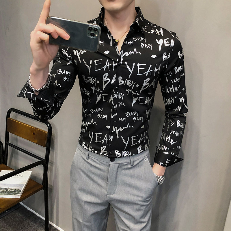 2021春装男衬衫长袖烫金衬衫男青年潮流花衬衫时尚A068-H702图片