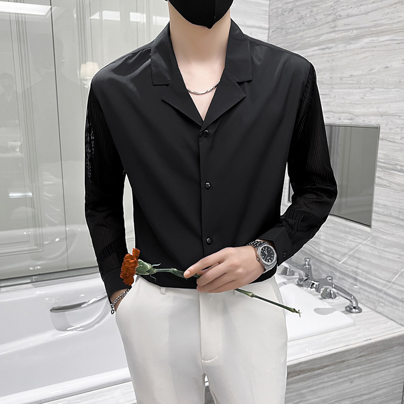 2025春夏新款男长袖衬衫潮流蕾丝袖西装领男V领衬衫H730-特P40,男装西服套装,星座419（原A233）