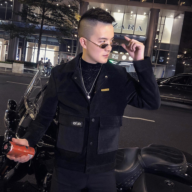 网红外套男秋冬呢料夹克男韩版短款黑色呢料夹克A068-QK808-P135图片