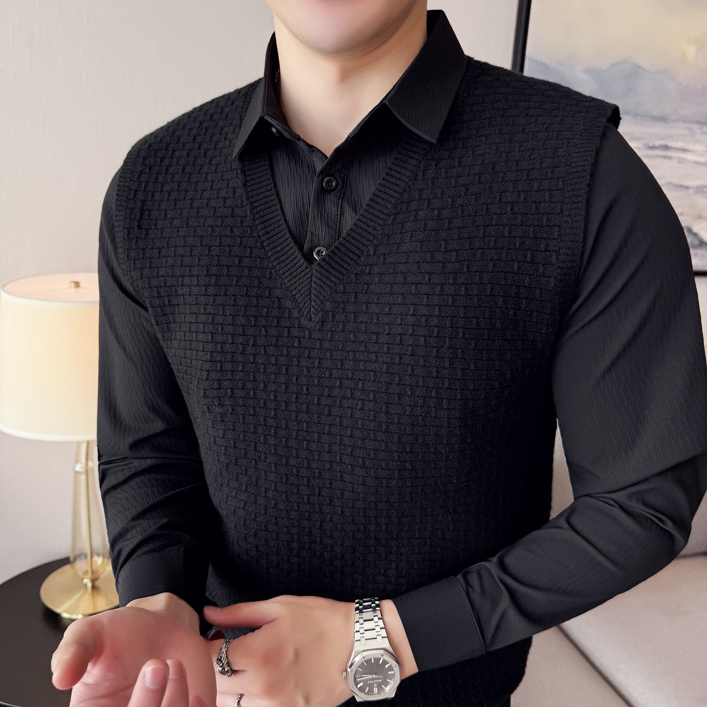 男士假两件毛衣~潮流撞色拼接针织毛衣~衬衫领拼接419-S8808-P79,男装衬衫,星座419（原A233）