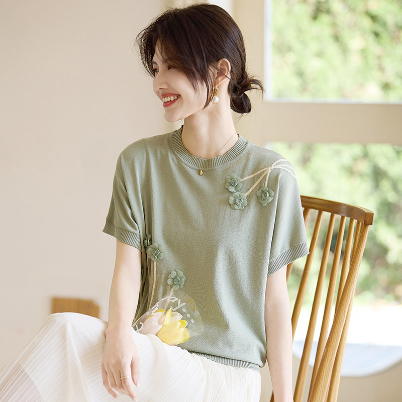 喜卉母亲节礼物针织冰丝T恤衫中老年女装夏季短袖上衣服妈妈夏装