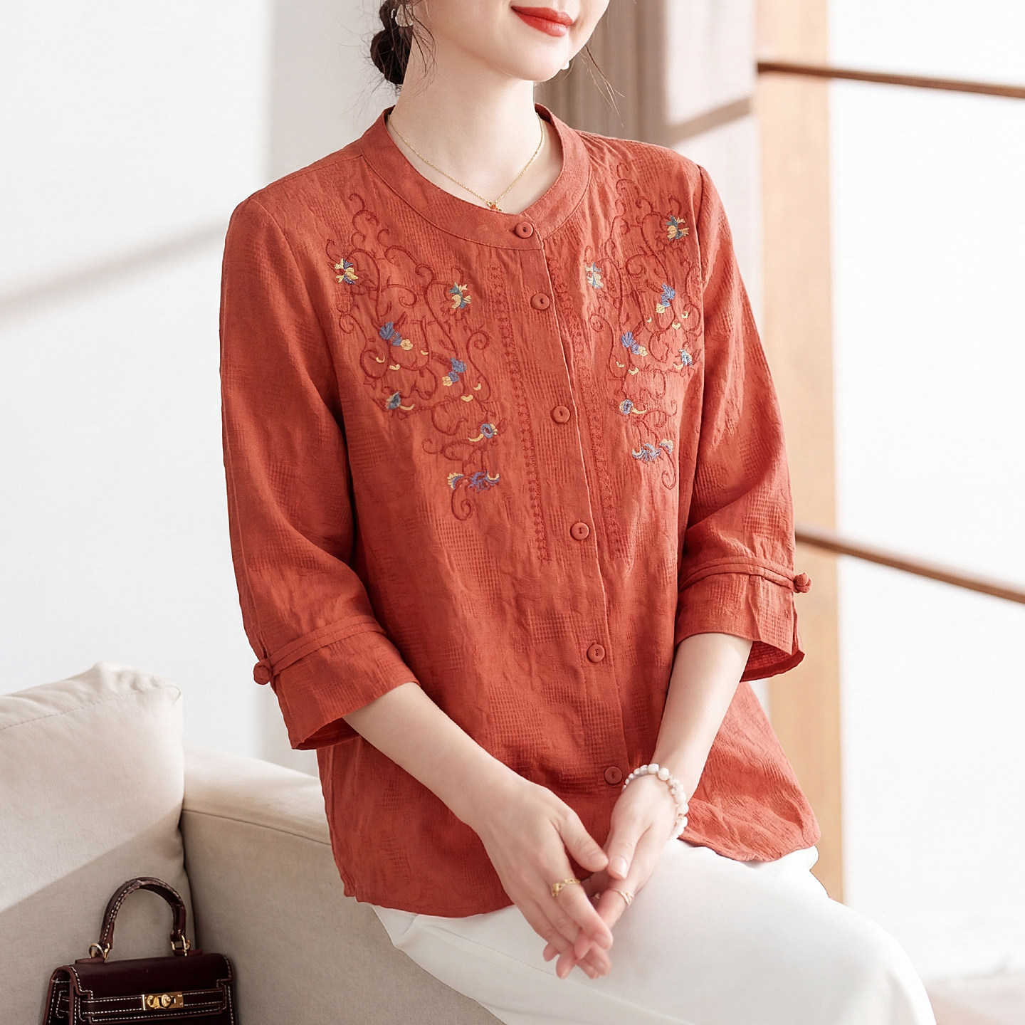 喜卉妈妈100%纯棉夏装衬衫中老年女士夏季短袖上衣圆领开衫洋气质