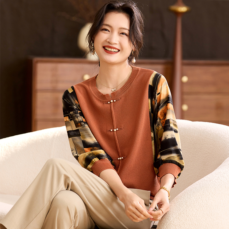 喜卉中老年女装洋气减龄针织上衣40岁50岁妈妈秋装新中式纱袖小衫