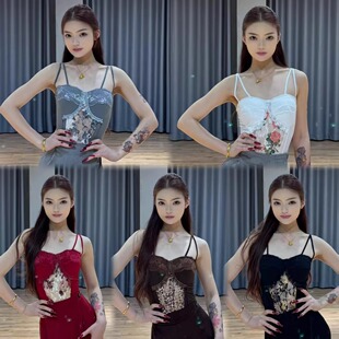 鲸艺Dance新款J171五色吊带蕾丝拼接拉丁摩登专业上衣练舞教课女