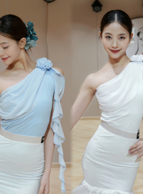 Fairy新款摩登上衣女连体服成人表演服教课练舞蓝白花朵飘带
