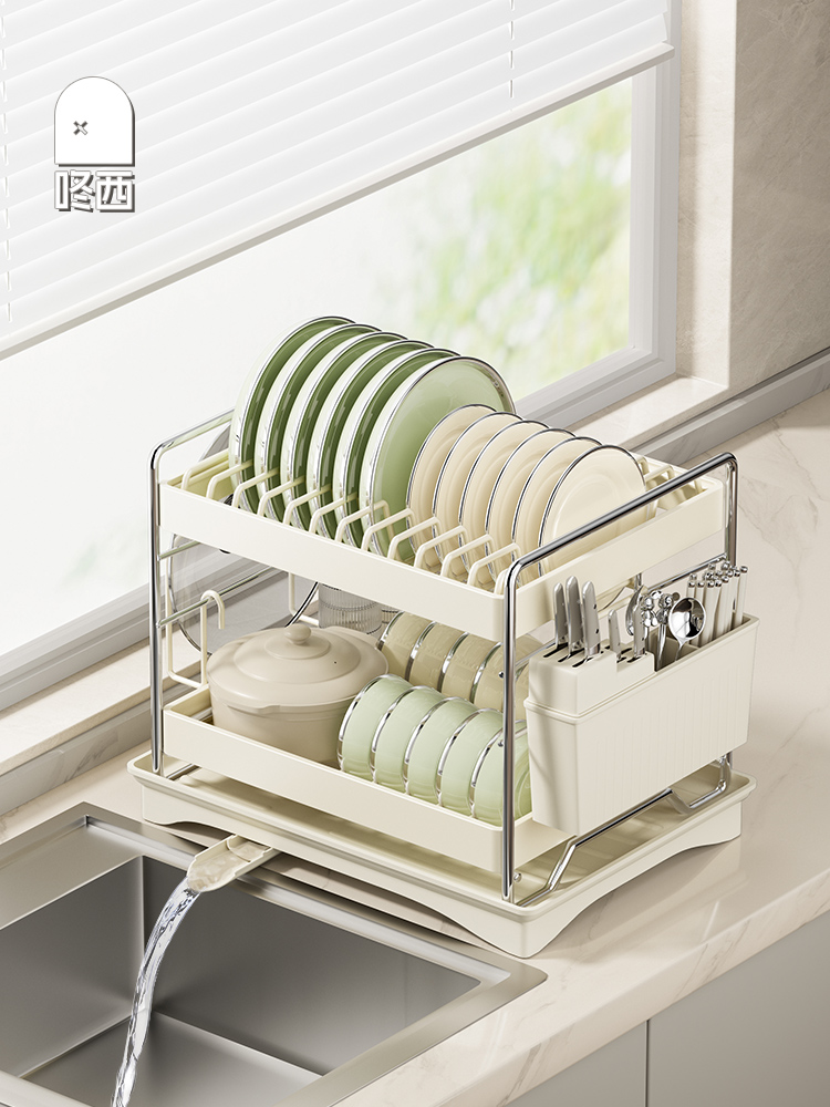 咚西厨房碗碟收纳沥水架不锈钢碗筷收纳盒家用台面双层免打孔碗架