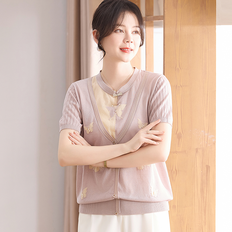 喜卉妈妈装夏季短袖冰丝针织t恤